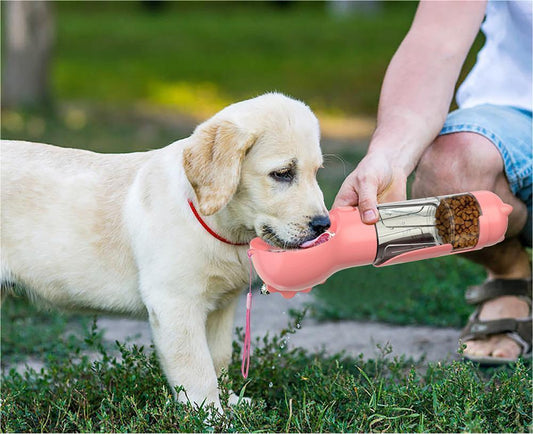 4 In 1 - Pet Water Bottle, Feeder Bowl, Poop Scooper & Garbage Bag Storage Device