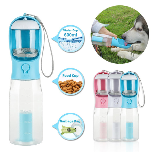 3 In 1 - 600ml Leakproof Pet Water Bottle, Feeder Bowl, & Poop Dispenser (with a lanyard)